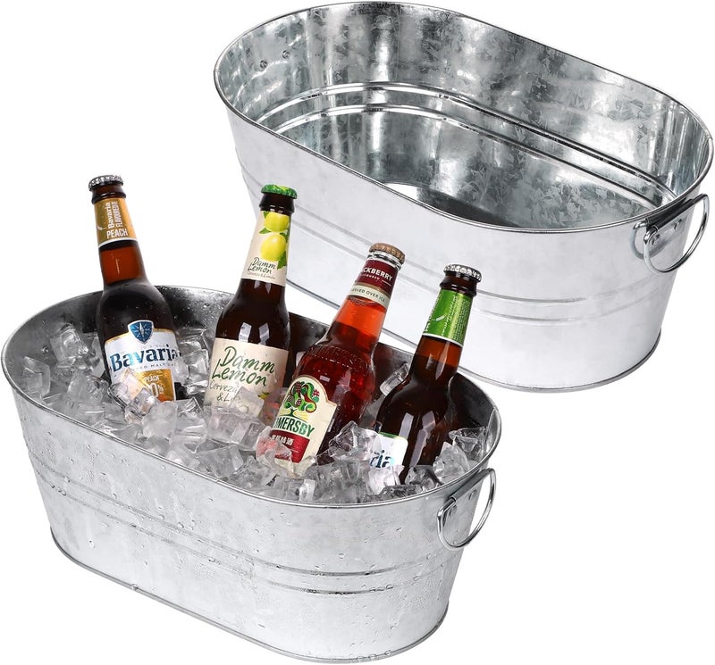 tchrules Galvanized Tub Beverage Tubs, 2pcs Metal Ice Buckets for Cocktail Bar 3 Gallon Wine Beer Drink Buckets with Handles Large Tub Cooler Mimosa Bar Supplies Ice Bucket for Parties 15x9x6inch(Galvanized) - Image 1